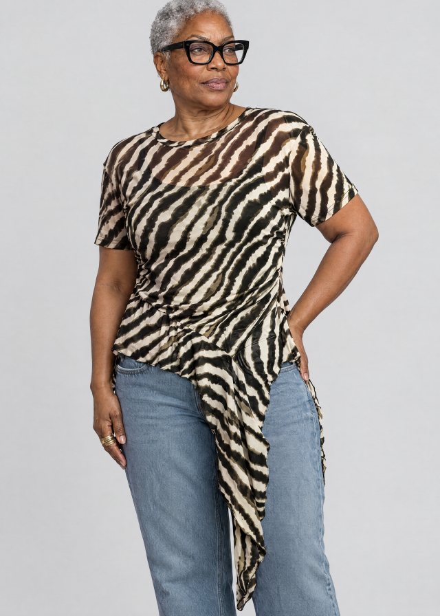 Yvonne wearing Zebra Side Tie Asymmetrical Blouse