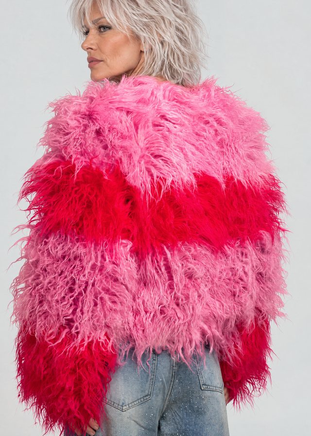 Joan wearing Colorblock Shaggy Faux Fur Jacket, back