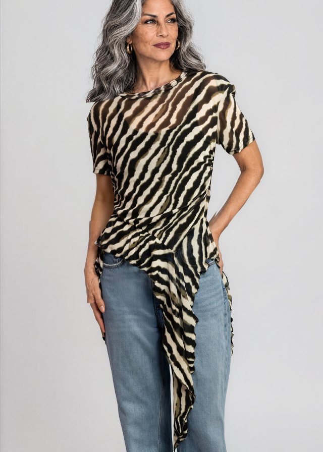 Lucía wearing Zebra Side Tie Asymmetrical Blouse