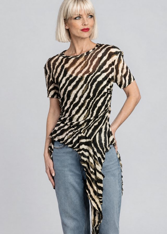 Ingrid wearing Zebra Side Tie Asymmetrical Blouse
