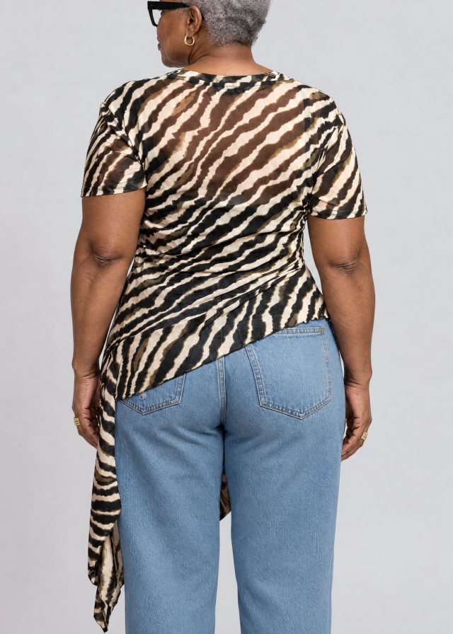 Yvonne wearing Zebra Side Tie Asymmetrical Blouse, back