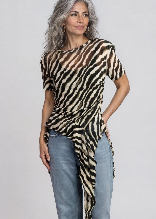 Lucía wearing Zebra Side Tie Asymmetrical Blouse