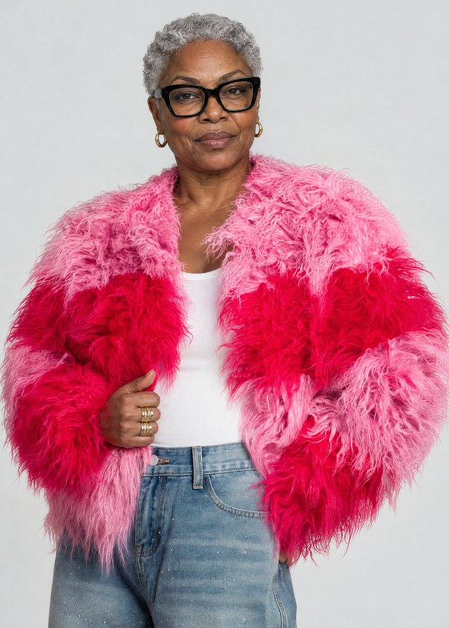 Yvonne wearing Colorblock Shaggy Faux Fur Jacket