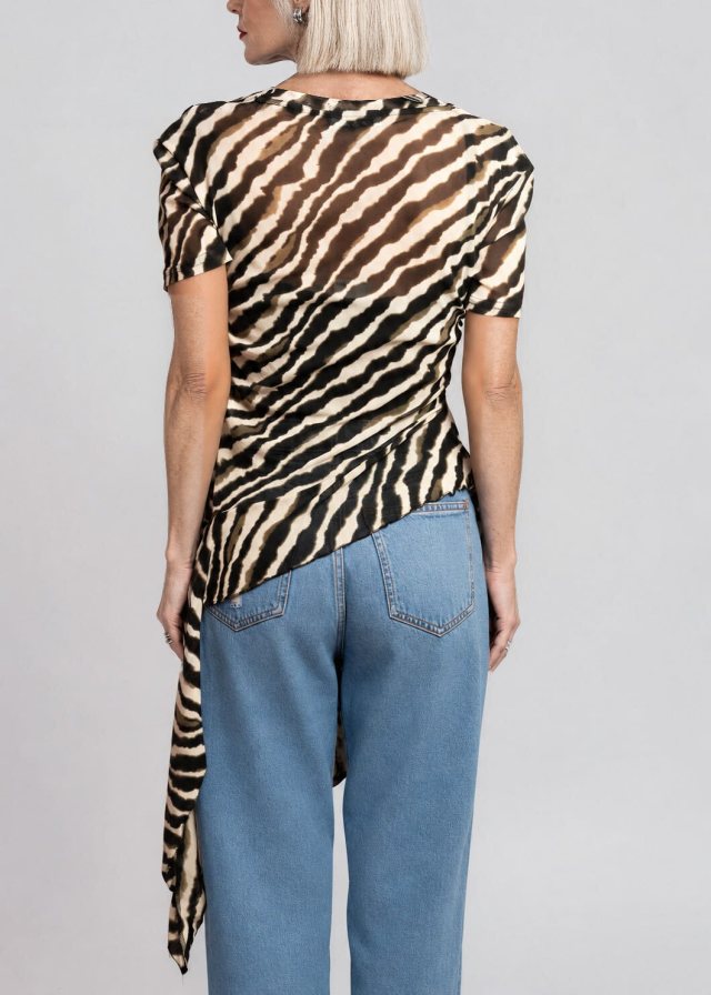 Ingrid wearing Zebra Side Tie Asymmetrical Blouse, back