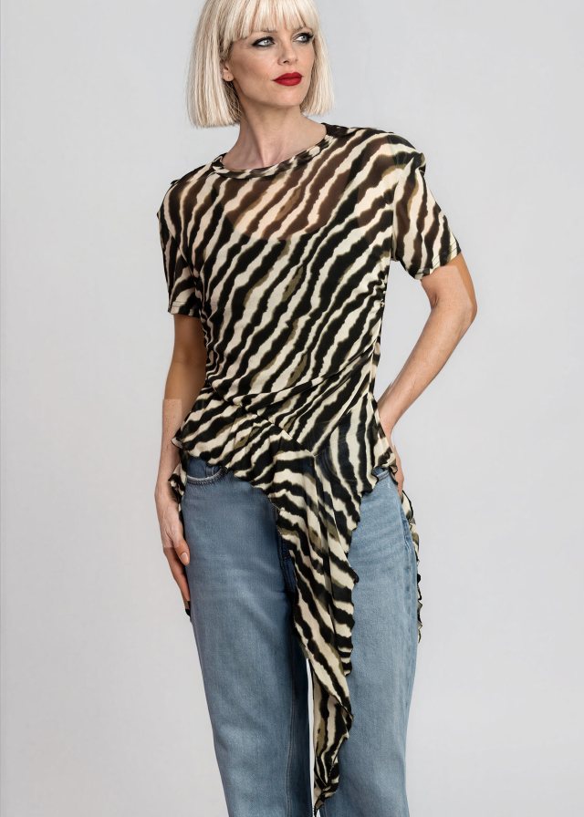 Ingrid wearing Zebra Side Tie Asymmetrical Blouse