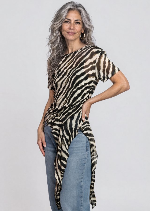 Lucía wearing Zebra Side Tie Asymmetrical Blouse