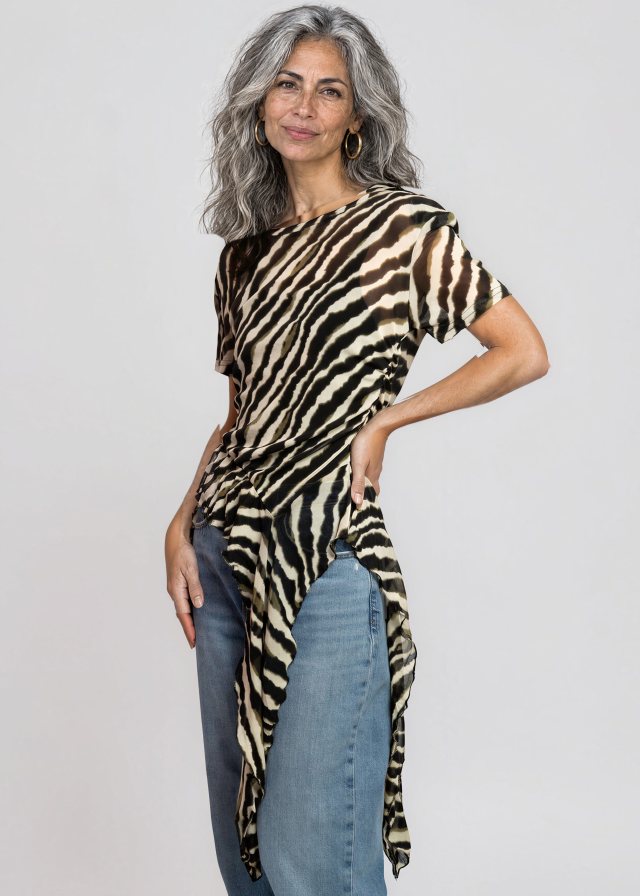 Lucía wearing Zebra Side Tie Asymmetrical Blouse