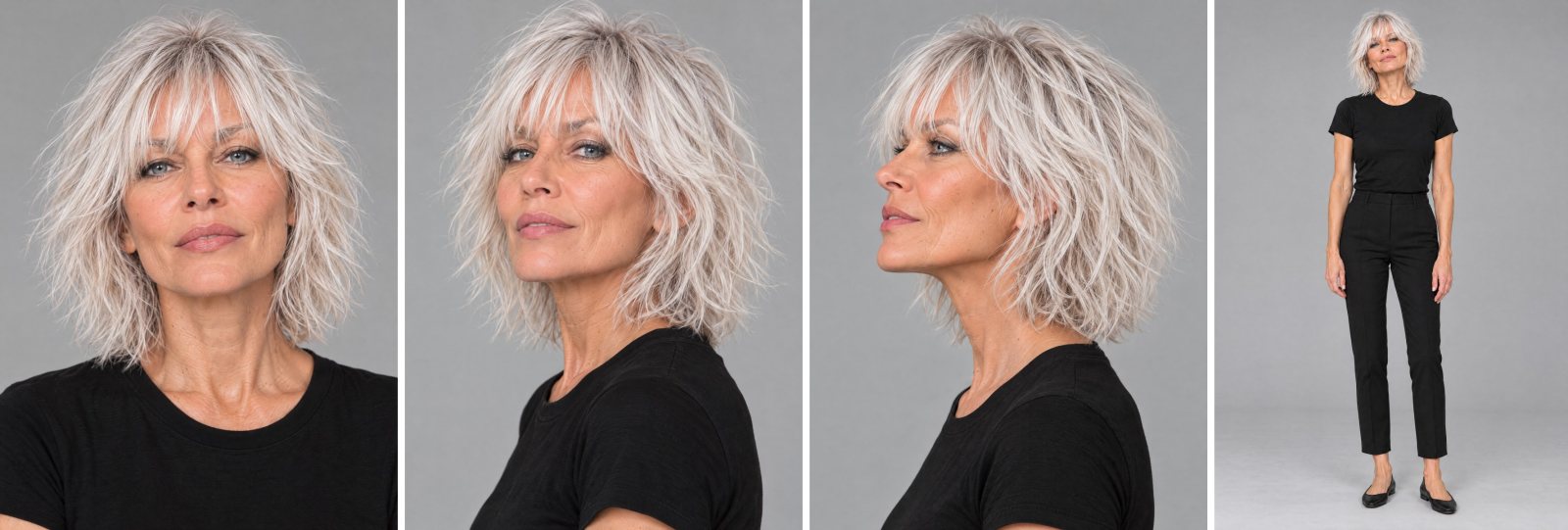 Joan's reference set: front, three-quarter, profile and full length