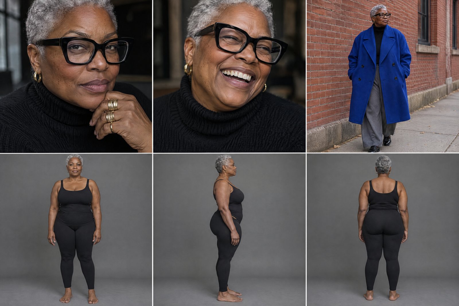 Yvonne reference sheet: portrait, smile, street, and full length front, side and back