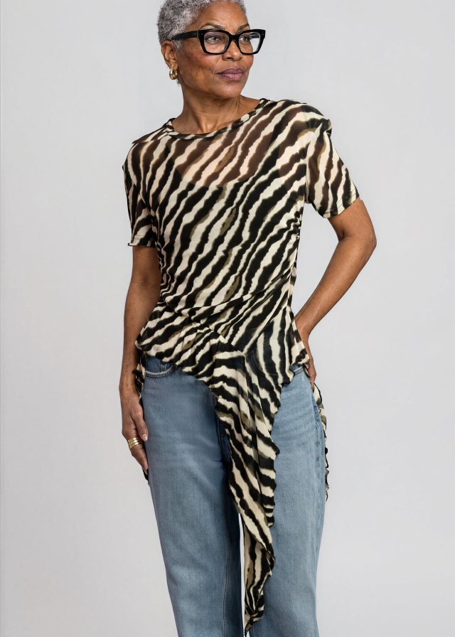 Yvonne, garment-locked swap on the photographed body, Zebra Side Tie Asymmetrical Blouse