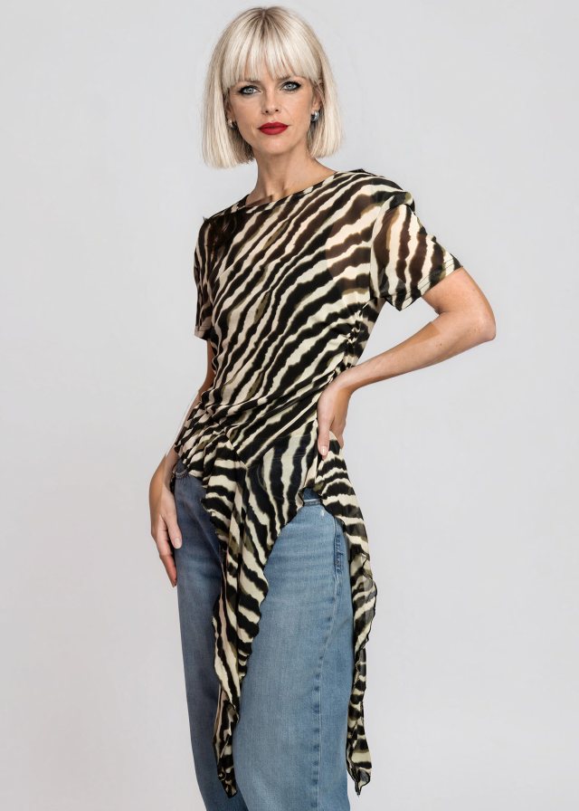 Ingrid wearing Zebra Side Tie Asymmetrical Blouse