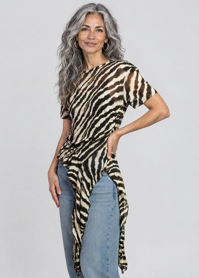 Lucía wearing Zebra Side Tie Asymmetrical Blouse