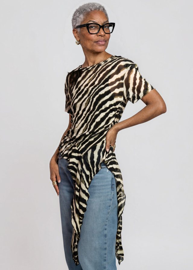 Yvonne, garment-locked swap on the photographed body, Zebra Side Tie Asymmetrical Blouse